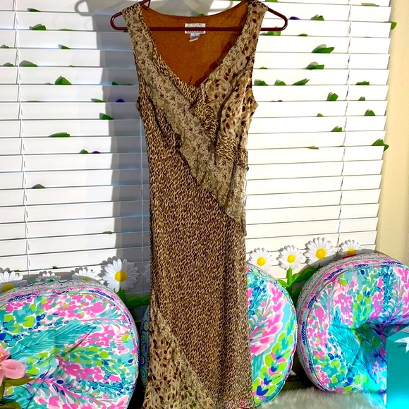 Robbie Bee 100% Silk Animal Print Dress With Ruffles